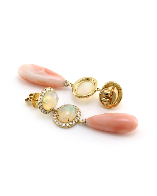 Opal, Diamond Halo and Pink Coral Dangle Earrings
